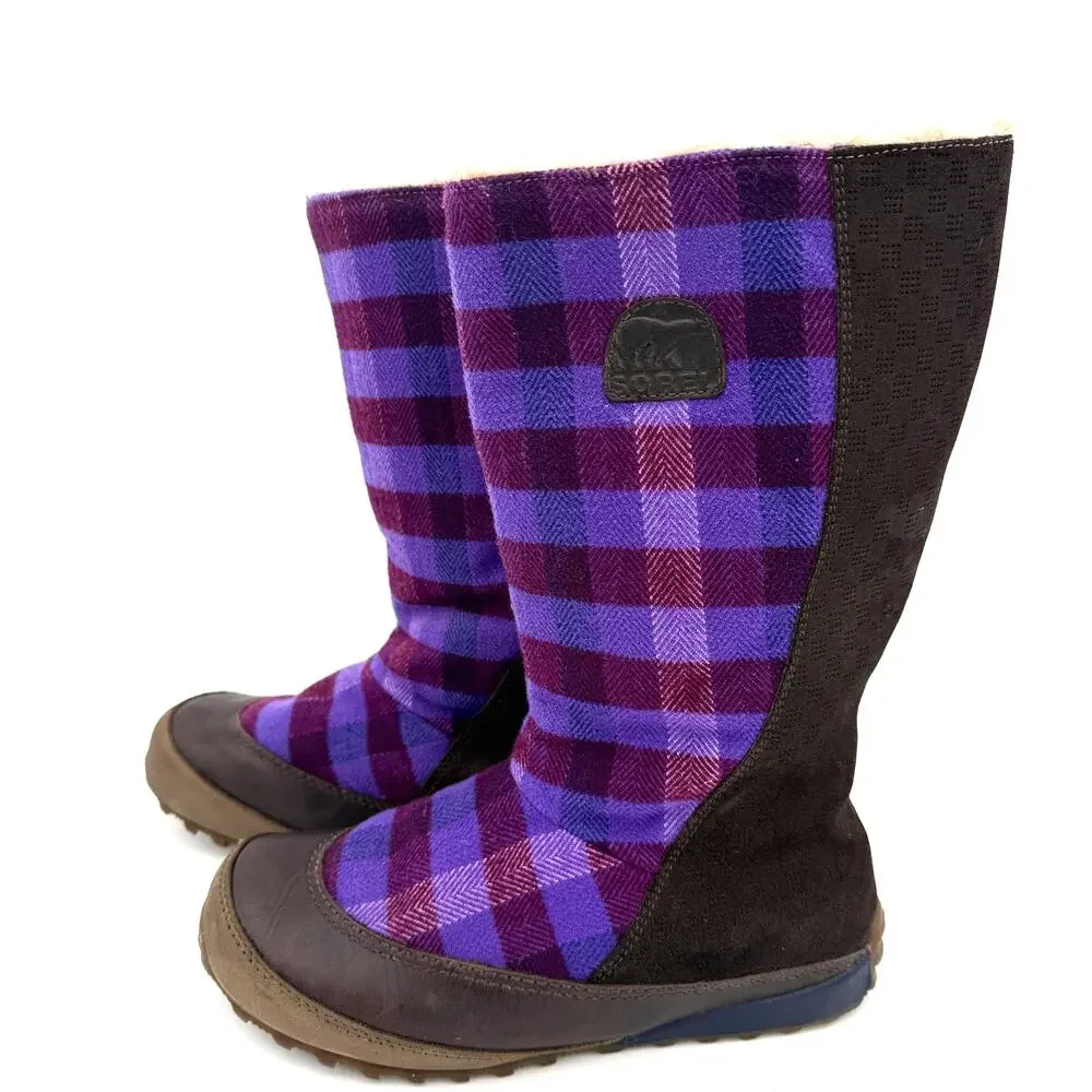 Sorel Women's Mackenzie Purple Plaid Tall Leather Wool Boots Size 7.5